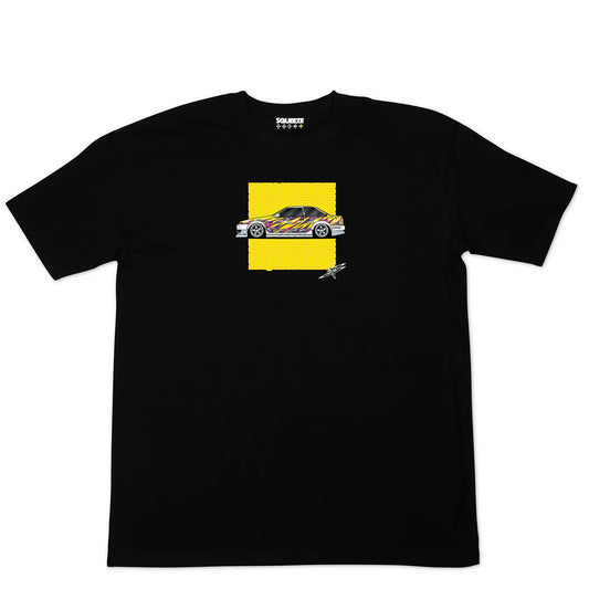 Yellow drift car squeeze black t-shirt